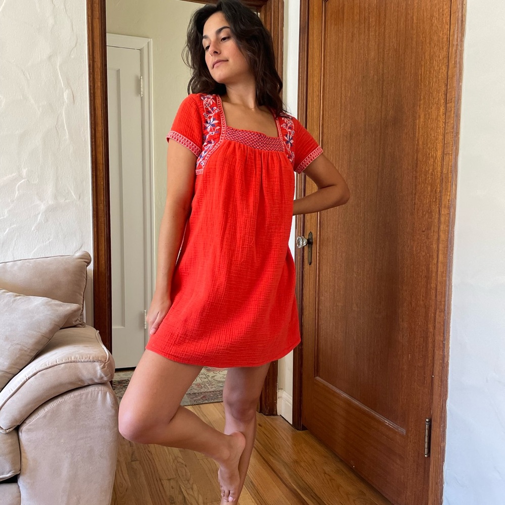 Embroidered gauze mini dress